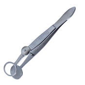 Francis Chalazion Forceps, Serrated Handle With Polished Finish, Locking Thumb Screw, Oval Solid 17mm Wide Lower Plate, Open Upper Plate With Inside Dimensions Of 12mm X 14mm, And Overall Length Of 3 3/4" (97mm)  